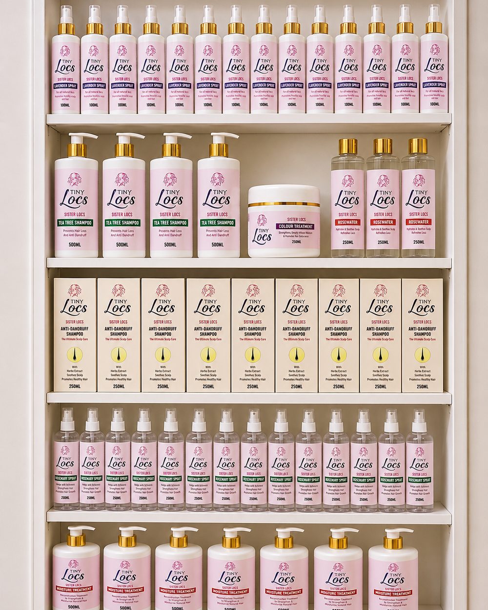 Shelf stocked with Tiny Locs Sisterlocks haircare products